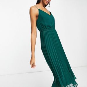 ASOS forest green pleated cami midi dress